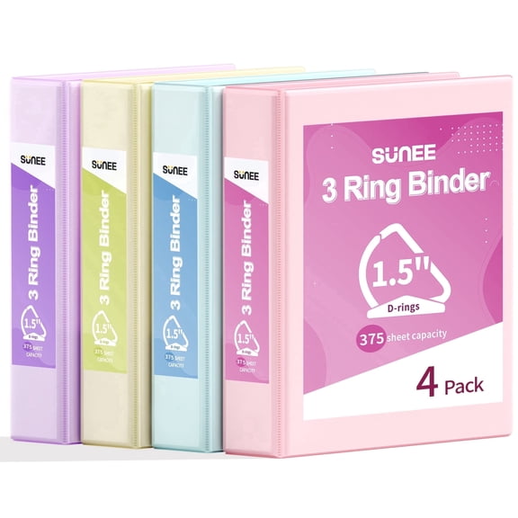 SUNEE 3 Ring Binder 1.5 Inch D Ring, Clear View Binder Three Ring PVC-Free (Fit 8.5x11 Inches) for School or Office Supplies, Assorted Pastel, 4 Pack
