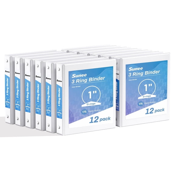 SUNEE 3 Ring Binders 1 Inch 12 Pack, Clear View Binders Bulk Three Ring PVC-Free (Fit 8.5x11 Inches) for School or Office Supplies, White