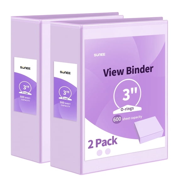 SUNEE, 3 Inch Binder 3 Ring, 2 Pack, Purple, Clear View PVC-Free (Fit 8.5x11)