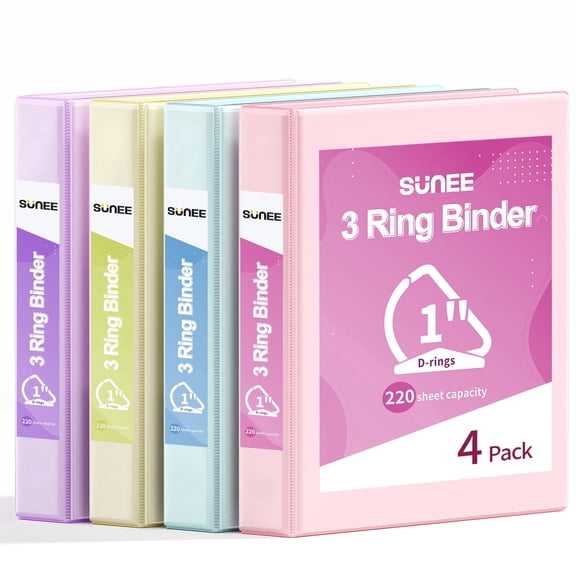SUNEE 3 Ring Binder 1 Inch D Ring, Clear View Binder Three Ring PVC-Free (Fit 8.5x11 Inches) for School or Office Supplies, Assorted Pastel, 4 Pack