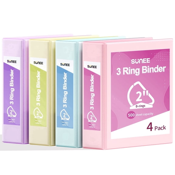 SUNEE 3 Ring Binder 2 Inch, Clear View Binder Three Ring PVC-Free (Fit 8.5x11 Inches) for School or Office Supplies, Assorted Pastel, 4 Pack
