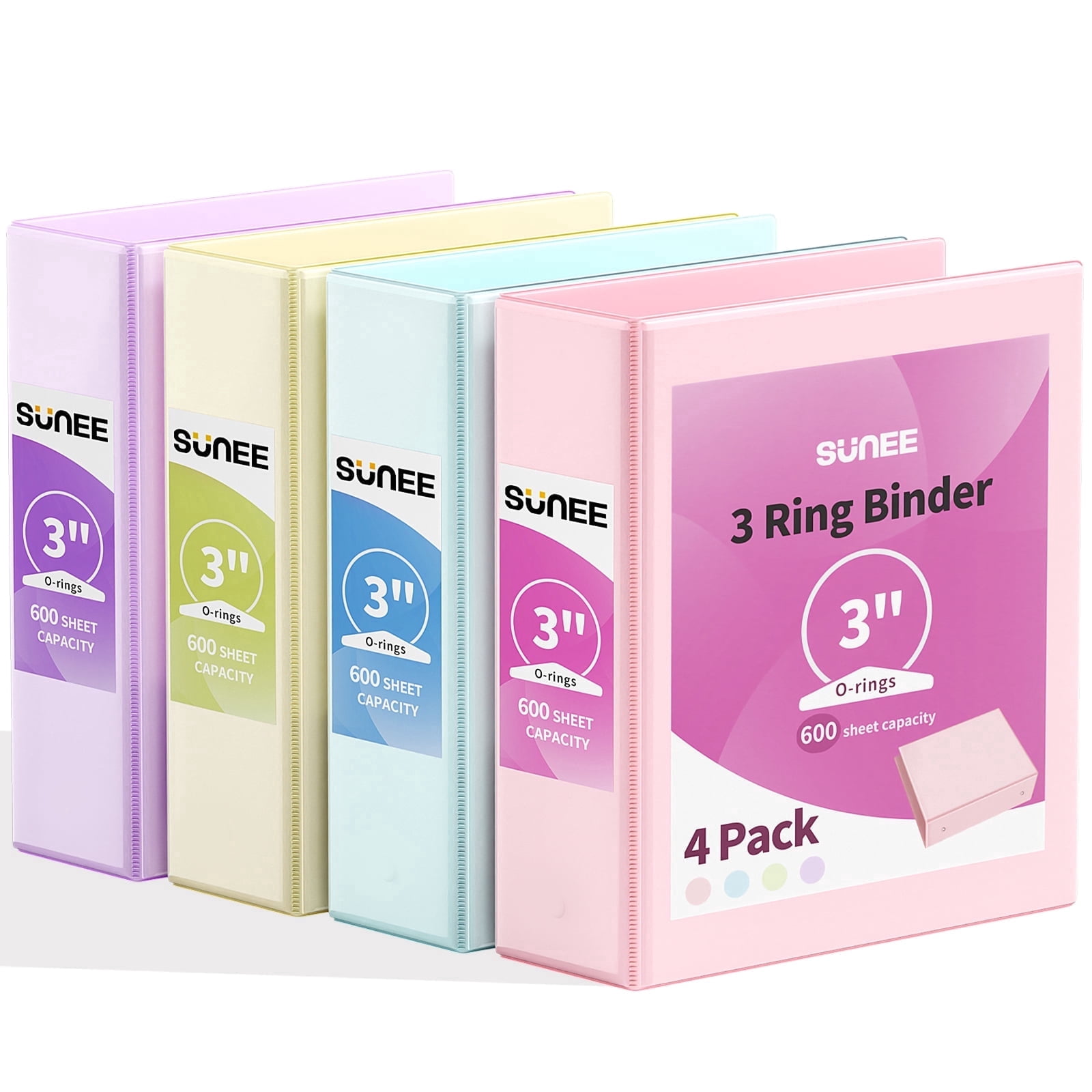 SUNEE 3 Ring Binder 3 Inch 4 Pack, 3" Large Clear View Binders Three Ring PVC-Free (Fit 8.5x11 Inches) for School or Office Supplies, Assorted Pastel