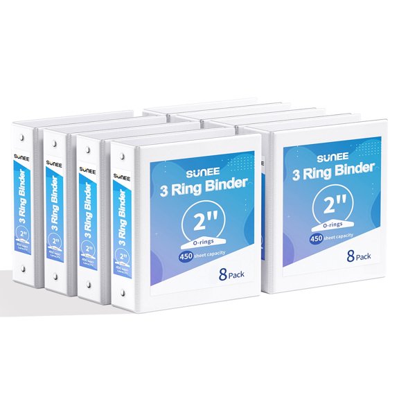 SUNEE 3 Ring Binders 2 Inch 8 Pack, Clear View Binders Three Ring PVC-Free (Fit 8.5x11 Inches) for School or Office Supplies, White