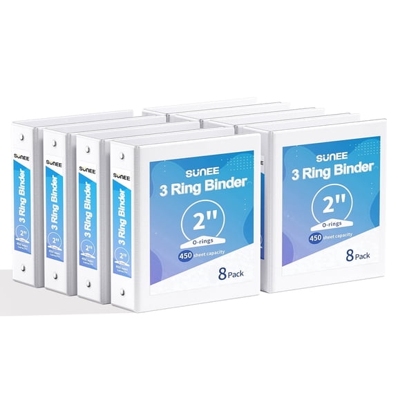 SUNEE 3 Ring Binders, 2 inch, 8 Pack, Clear View PVC-Free Binders, Fit 8.5x11 inches, White, for School and Office Supplies