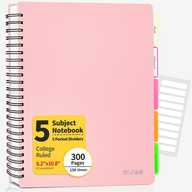 SUNEE 5 Subject Notebook College Ruled 300 Pages, 8.2"x10.8", Pink