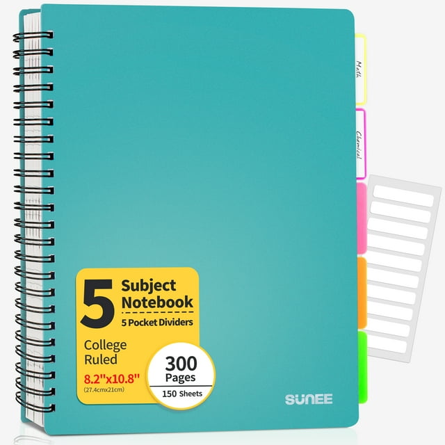 SUNEE College Ruled Notebook with 5 Movable Divider Tabs, Perforated