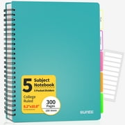 SUNEE 5 Subject Notebook College Ruled - 300 Pages, 8.2"x10.8", Teal Spiral Lined Notebook with 5 Pocket Colored Dividers