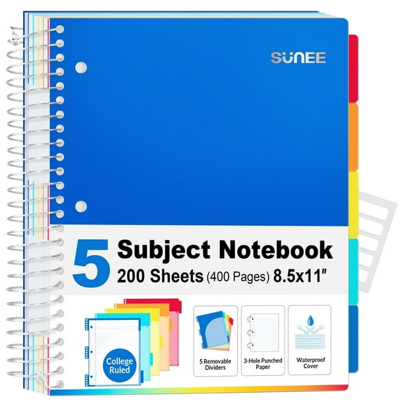 "SUNEE 5 Subject Spiral Bound Notebook, College Ruled, 400 Pages, 8.2"" x 10.8"", Blue, Includes Dividers"
