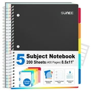 SUNEE 5 Subject College Ruled Spiral Notebook, 400 Pages, 8.5 x 11 Inches, Black