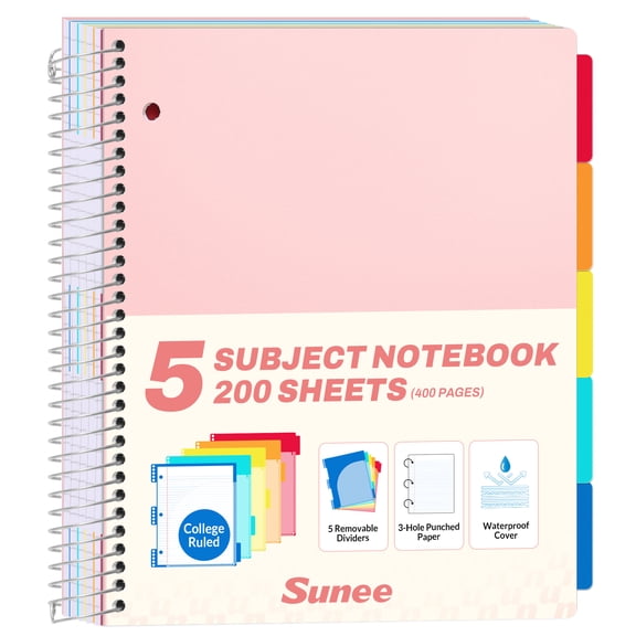 "SUNEE 5 Subject College Ruled Spiral Notebook, 400 Pages, 8.5"" x 11"", Pink"