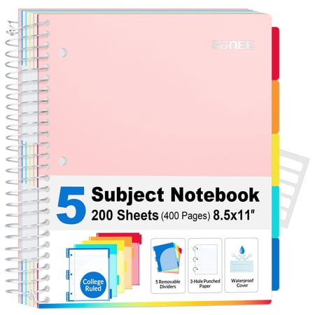 "SUNEE 5 Subject College Ruled Spiral Notebook, 400 Pages, 8.5"" x 11"", Pink"