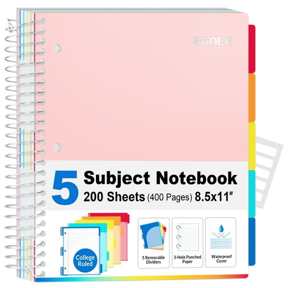 "SUNEE 5 Subject College Ruled Spiral Notebook, 400 Pages, 8.5"" x 11"", Pink"