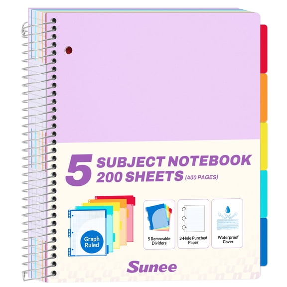 "SUNEE 5 Subject College Ruled Spiral Notebook, 400 Pages, 8.5"" x 11"", Purple"