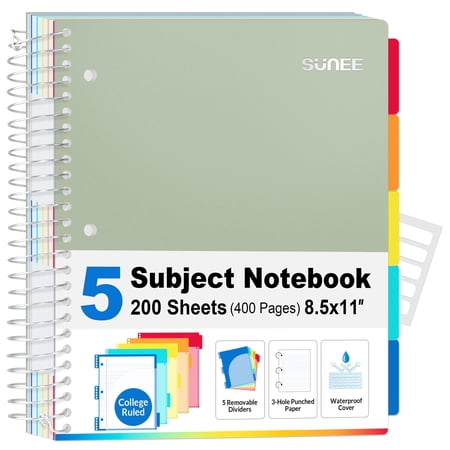 "SUNEE 5 Subject Spiral Notebook, College Ruled, 400 Pages, 8.5"" x 11"", Sage Green"