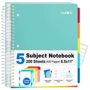 SUNEE 5 Subject Notebook College Ruled- 400 Pages Spiral Notebooks 8.5"x11",Teal