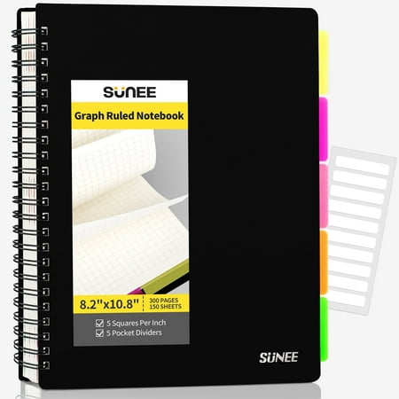 SUNEE 5 Subject Notebook Graph Ruled Spiral Notebooks - 300 Pages, 8.2"x10.8", Black