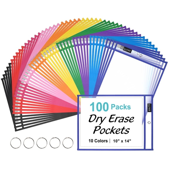 SUNEE 50 Packs Oversized Reusable Dry Erase Pocket Sleeves with 3 Rings, 10 Assorted Colors 10x14 Ticket Holders, Clear Plastic Sheet Protectors, Teacher School Classroom Supplies