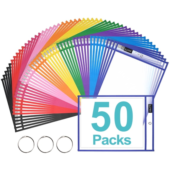 SUNEE 50 Packs Oversized Reusable Dry Erase Pocket Sleeves with 3 Rings, 10 Assorted Colors 10x14 Ticket Holders, Clear Plastic Sheet Protectors, Teacher School Classroom Supplies