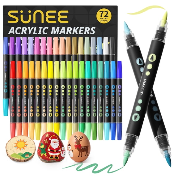 SUNEE 72 Colors Acrylic Paint Markers, 36 Pack Brush Tip Paint Pens with Automatic Ink Control System, Coloring Markers for Metal, Rock, Ceramic, Wood, Canvas, Glass, DIY Crafts Art Supplies Kit