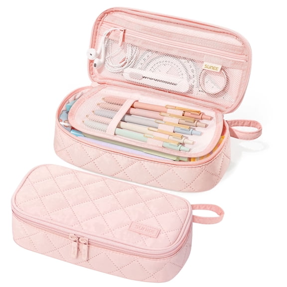 SUNEE Cute Pencil Case, Large Capacity Pencil Pouch Aesthetic Zipper Pencil Bag, Big Storage Pen Organizer for Stationery, Soft Quilted Pencil Box Back to School Supplies for Teen Girls Boys, Pink