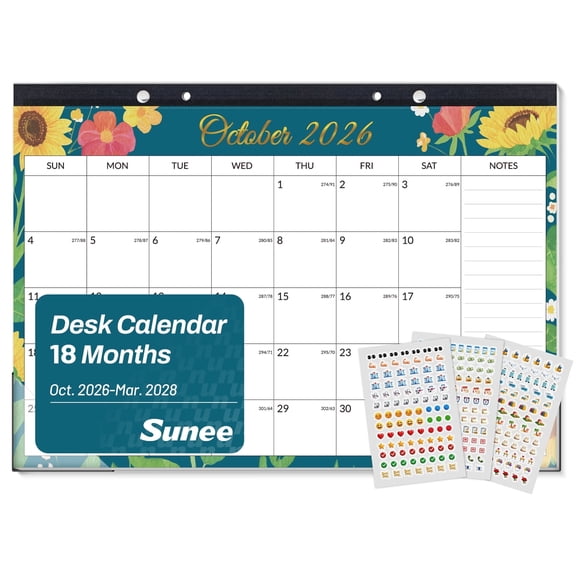 SUNEE Desk Calendar 2027 - 17" x 12", 18-Month,Oct. 2026 - Mar. 2028, Desktop Calendar with 308 Planner Stickers, Floral