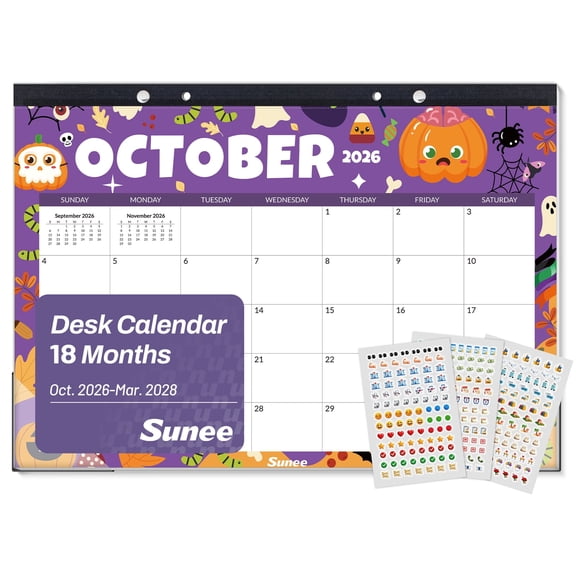 SUNEE Desk Calendar 2027 - 17" x 12", 18-Month，Oct. 2026 - Mar. 2028, Desktop Calendar with 308 Planner Stickers,Seasons Color