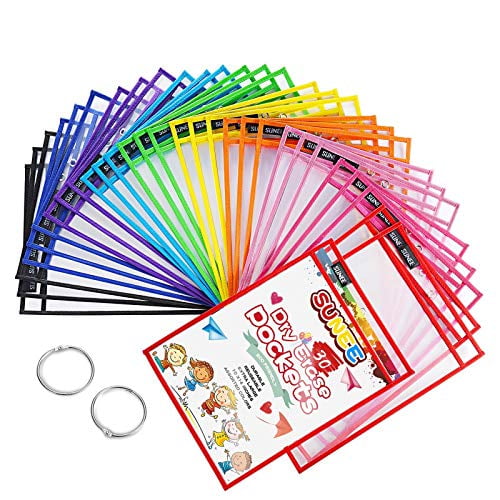 SUNEE 30 Packs Oversized Reusable Dry Erase Pocket Sleeves with 2 Rings, 10  Assorted Colors 10x14 Ticket Holders, Clear Plastic Sheet Protectors