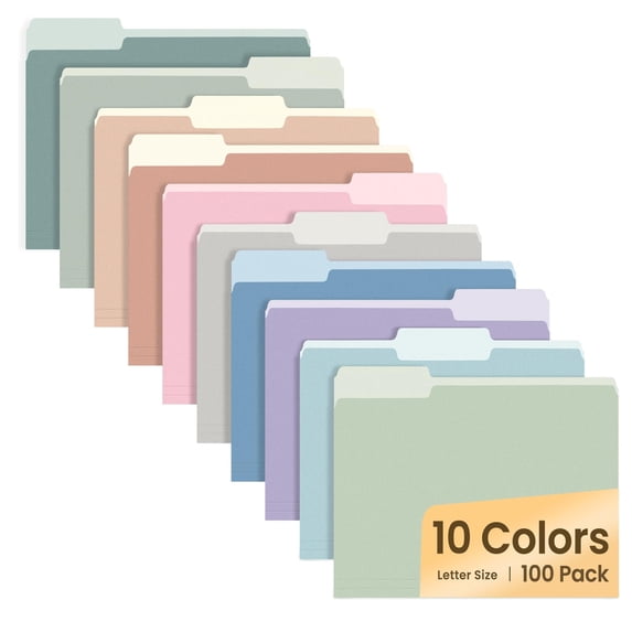 SUNEE Manila File Folder 8.5 x 11 1/3 Cut Letter Size 100 pack Filing Folder for Work Home 10 Pastel Colors