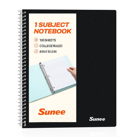 SUNEE Spiral 1Subject Notebook, College Ruled, 8" x 101/2",100 DoubleSided Sheets,3Hole Punched,Water Resistant Cover,DoubleSided Pockets,for Work, Purple