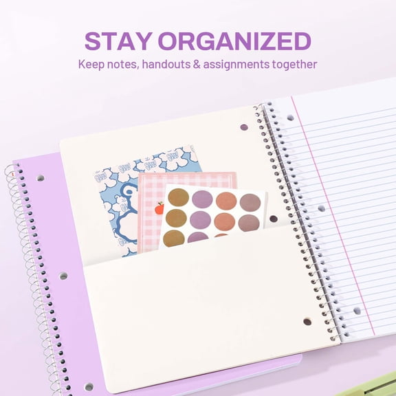 SUNEE Spiral Notebook,1-Subject, College Ruled Paper,8" x 10-1/2",100 Sheets per Notebook,3-Hole Punched Paper,Water Resistant Cover, Double-sided Pockets, Spiral Lined Notebooks for Work,Purple