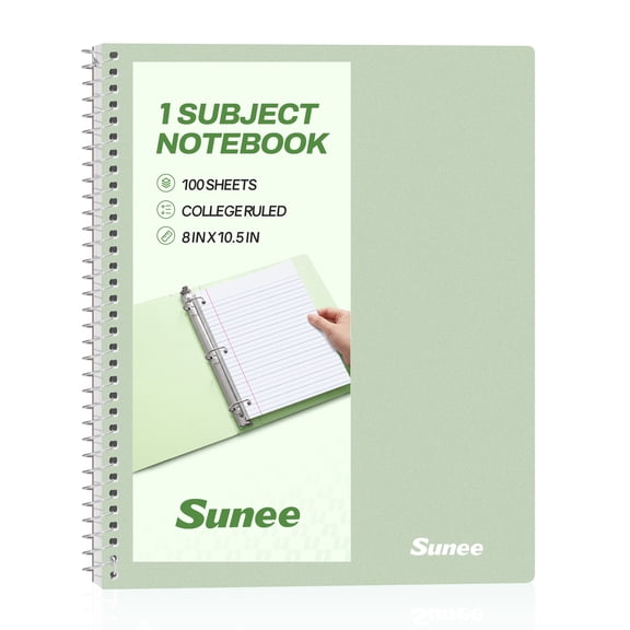 SUNEE Spiral Notebook, 1-Subject, College Ruled Paper, 8" x 10-1/2", 100 Sheets per Notebook, 3-Hole Punched Paper, Water Resistant Cover, Double-sided Pockets, Spiral Lined Notebooks for Work, Green