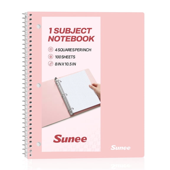 SUNEE Spiral Notebook, 1-Subject, Graph Ruled Paper, 8" x 10-1/2", 100 Sheets per Notebook, 3-Hole Punched Paper, Water Resistant Cover, Spiral Grid Notebooks for Work, Home, Writing, Pink