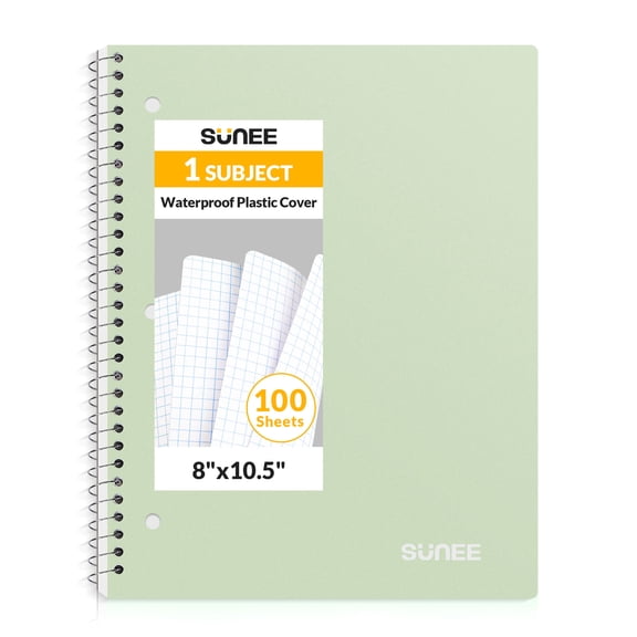 SUNEE Spiral Notebook, 1-Subject, Graph Ruled Paper, 8" x 10-1/2", 100 Sheets per Notebook, 3-Hole Punched Paper, Water Resistant Cover, Spiral Grid Notebooks for Work, Home, Writing, Green