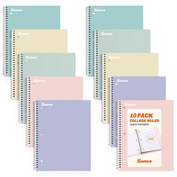 SUNEE Spiral Notebooks, College Ruled, Micro-Perforated, 8" x 10.5", 70 Sheets, 10 Pack