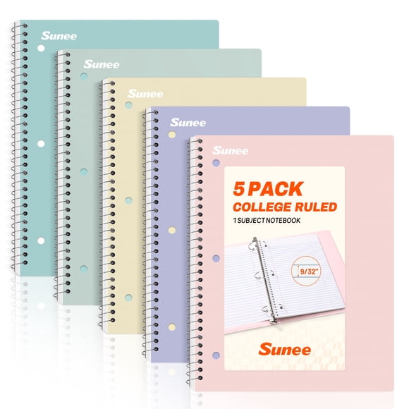 "SUNEE Spiral Notebook, College Ruled, 8"" x 10.5"", 70 Sheets, 5 Pack"
