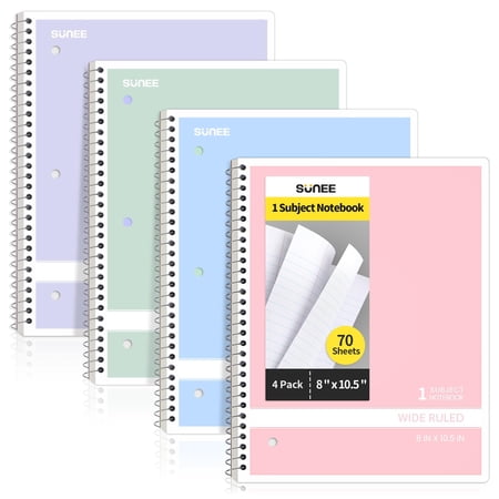 SUNEE Durable Spiral Notebook, Wideruled, 1-Subject, 8 x 10.5 in, 70 Sheets, Pastel Colors, Perforated, 4 Pack