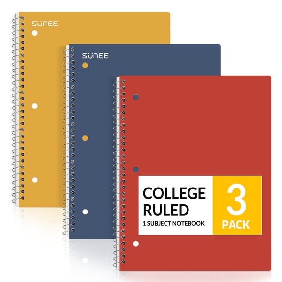SUNEE Spiral Notebooks, 3 Pack, 1-Subject, College Ruled Paper, 8" x 10-1/2", 70 Sheets per Notebook, Assorted Colors Spiral Notebooks for Work (Brick Red, Blue, Yellow)