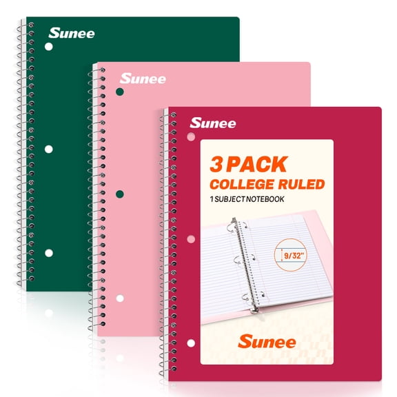 SUNEE Spiral Notebooks, 3 Pack, 1-Subject, College Ruled Paper, 8" x 10-1/2", 70 Sheets per Notebook, Assorted Colors Spiral Notebooks for Work (Cherry, Pink, Green)