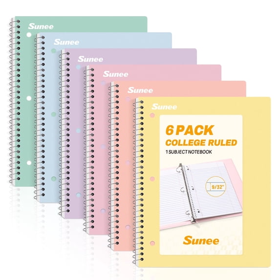 SUNEE Spiral Notebooks, 6 Pack, 1-Subject, College Ruled Paper, 8