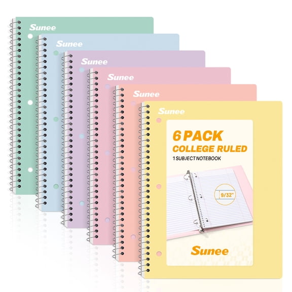 SUNEE Spiral Notebooks, 6 Pack, 1-Subject, College Ruled Paper, 8" x 10-1/2", 70 Sheets per Notebook, Assorted Pastel Colors Spiral Notebooks for Work