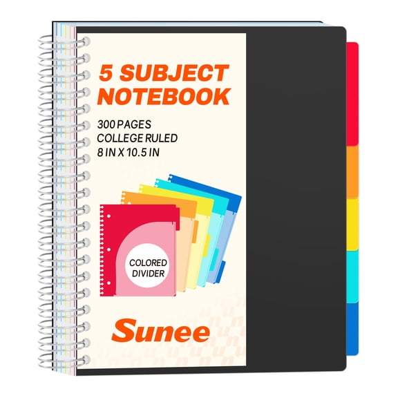 SUNEE Spiral Notebooks for Work with Removable Dividers & Tabs College Ruled 5 Subject, 300 Pages, 3 Hole Punched, Durable PP Cover, 8"x10.5" Notebooks for Office or College, Black