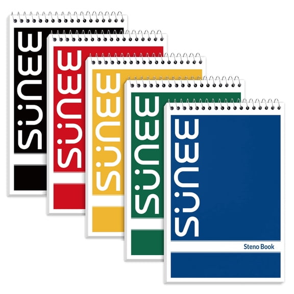 SUNEE Steno Pads 6x9 5 Pack, Gregg Rule, 60 Sheets, White Paper, Take Notes with Top Spiral Notebook, for University, College, Work, Office, Classic Color