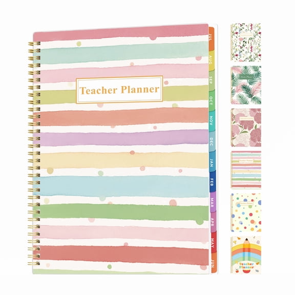 SUNEE Teacher Planner 2026-2027 Academic Year, 7 Periods Lesson Plan Book Jul 2026 - Jun 2027, 8.5"x12"Daily Weekly Monthly Organizers Horizontal Layout , Bookmark, Tabs, Rainbow Stripes