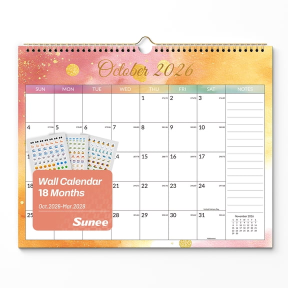 SUNEE 2027 Wall Calendar, 18-Month Calendar (Oct. 2026Mar. 2028), 14.5" 11.5", Large Grid Monthly Hanging Calendar with Notes and Bonus Stickers, Watercolor