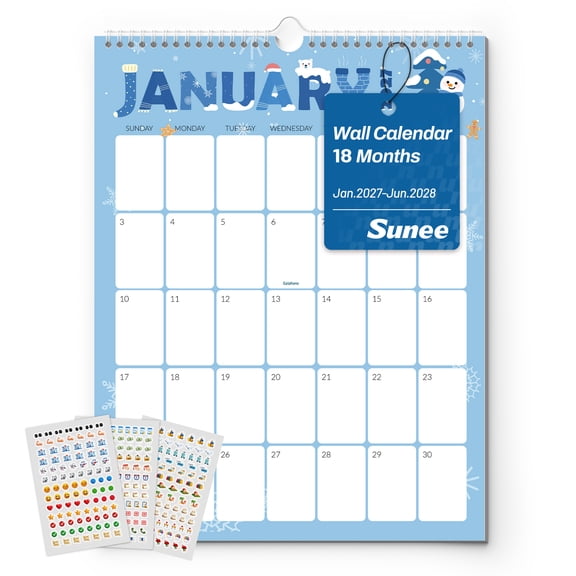 SUNEE Wall Calendar, Jan 2027-Jun 2028, Seasonal Cartoon Design, 18 Month Calendar, Monthly Hanging Calendar for Home Office Family Schedule Planning, 8.5"x11", Cute