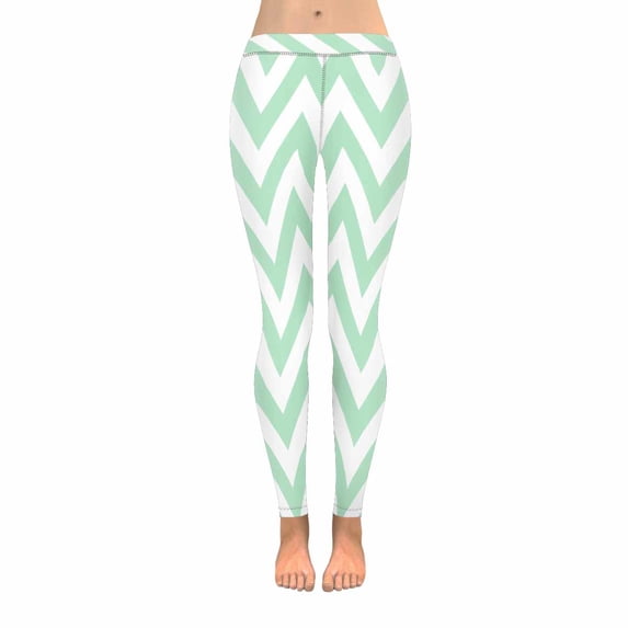 SUNENAT Abstract Chevron Zig Zag Mint and White Women's Stretchy Capri Leggings Yoga Running Pant L
