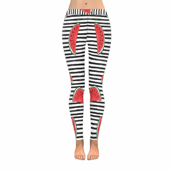 SUNENAT Fashion Watermelon Art on Black Striped Stretchy Capri Leggings Skinny Yoga Sports Pants XXXL