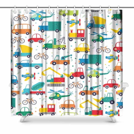 SUNENAT Funny Cars Excavators Helicopter Tractors for Kids Waterproof Polyester Shower Curtain Bathroom 72(Wide) x 72(Height) Inches