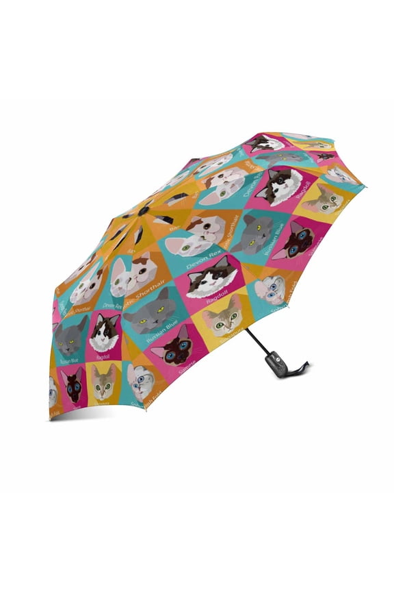 Funny Cat Collection Set of Popular Breeds of Cats Icons Automatic Foldable Umbrella, Windproof Lightweight Portable Outdoor Sun Umbrella with UV Protection