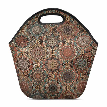 SUNENAT Lunch Bag Tote Handbag Lunchbox Vintage Boho Oriental Tiles Floral Scales Flower Mandalas Insulated Gourmet Tote Cooler for Men Women Kids, 11.93 x 11.22 x 6.69 Inch
